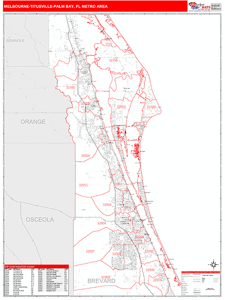 Melbourne-Titusville-Palm Bay, FL Metro Area Zip Code Map